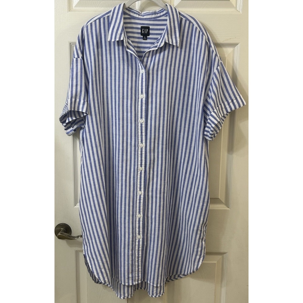 NWOT Gap Blue White Stripe Linen Button Up Short Slv Shirt Dress Wmns XL *NICE*